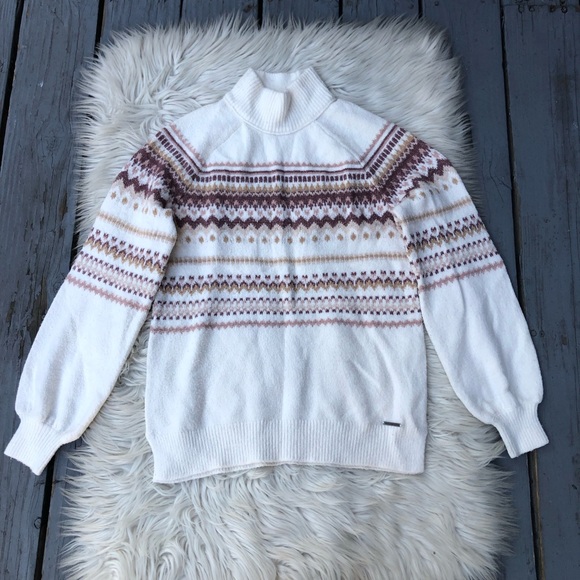 Abercrombie & Fitch Fair Isle Turtle Neck Puff Sleeves White Brown Sweater S - Picture 1 of 12